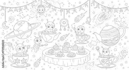 Vector illustration of cosmic tea party, featuring planets as teacups, constellations as decorations, and whimsical aliens enjoying treats in zero gravity