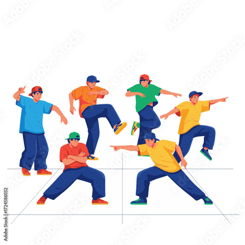 2D flat vector illustration of teenage characters performing coordinated hip hop street dance routine in open square, expressive poses with baggy pants and caps