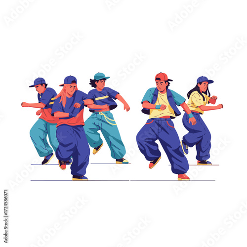 2D flat vector illustration of teenage characters performing coordinated hip hop street dance routine in open square, expressive poses with baggy pants and caps
