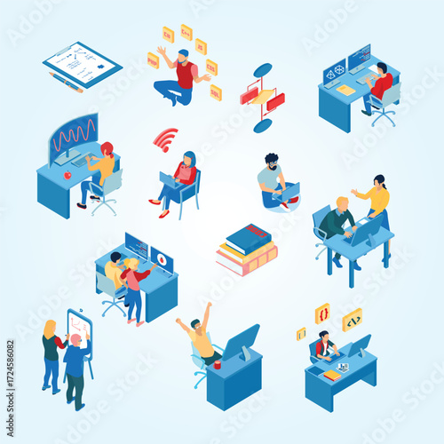 Isometric Style Developer Working Scene Illustration with Programming Language Symbol