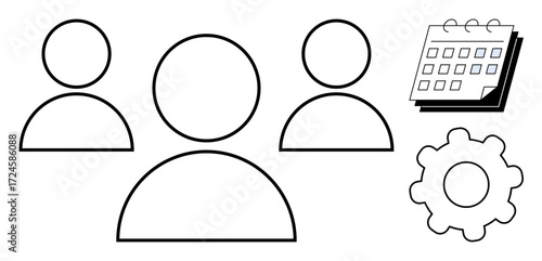 Three simplified human figures, a calendar icon, and a gear representing team collaboration, planning, and process optimization. Ideal for teamwork, scheduling, workflow, organization management