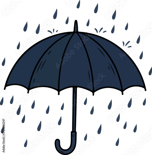 Dark blue umbrella protects from falling raindrops during a storm.