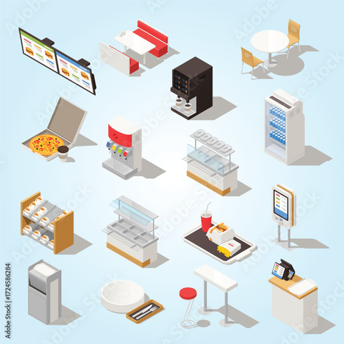 Isometric Detailed Fast Food Restaurant Interior Object Collection Set