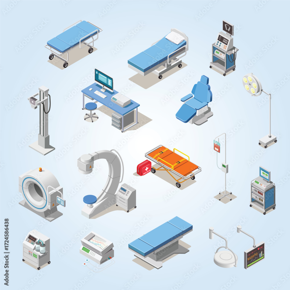 Obraz premium Isometric Medical Equipment and Furniture Illustration for Hospital Room Interior Design