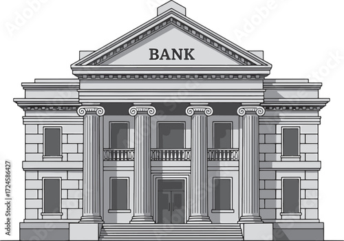 Grand neoclassical bank building with prominent columns and pediment displaying the word "BANK" in a classic architectural style.