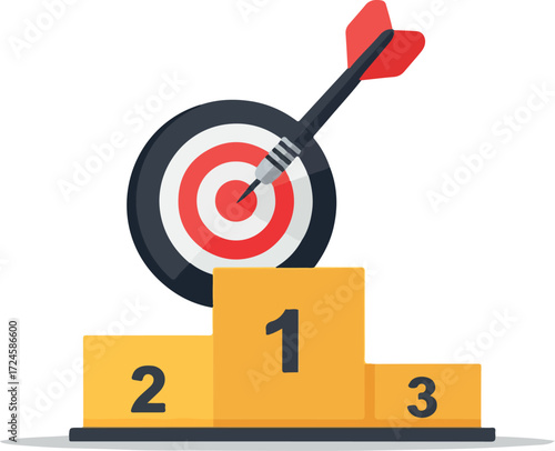 Dartboard with a dart hitting the bullseye on a podium.