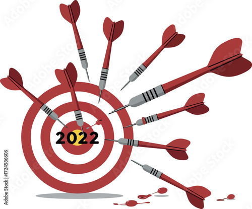 Dartboard with darts hitting the center target in 2022.