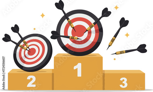 Dartboard targets on podium representing success and achievement.