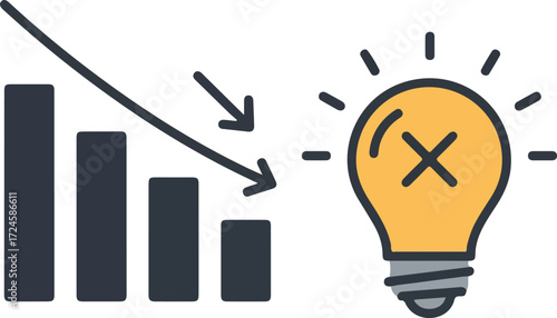 Declining performance and failed idea represented by graph and lightbulb.