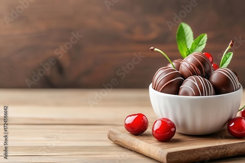 Chocolate and cherries in bowls on a white surface.