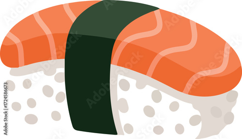 Delicious salmon nigiri sushi with seaweed wrap on white rice Japanese cuisine.