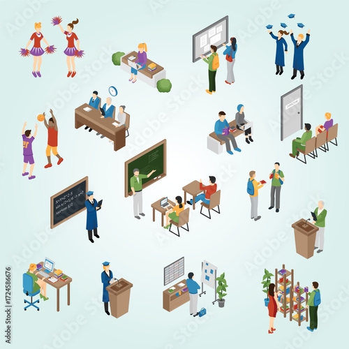 Isometric Detailed University Education Scene With Students and Teachers Illustration