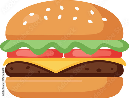 Delicious burger with fresh ingredients and sesame seeds on top bun.