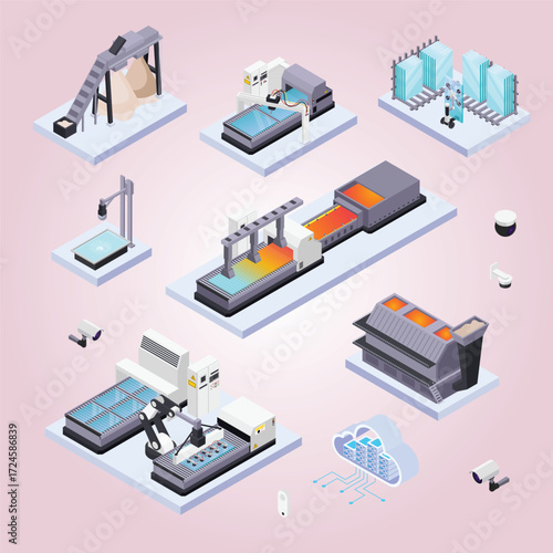 Isometric Detailed Factory Processes Production Line Equipment Industrial Automation Illustration