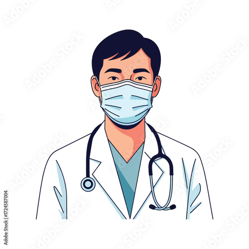A medical professional, likely a doctor, wearing a protective face mask and a stethoscope around their neck, depicted in a stylized illustration against a white background.