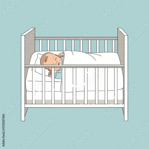A peaceful infant sleeps soundly, swaddled in a soft white blanket within a sturdy wooden crib, resting on a white sheet.