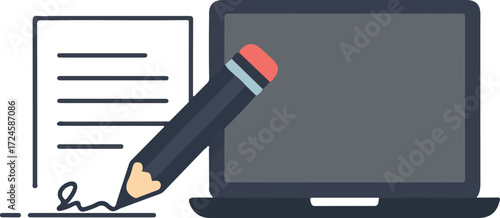 Digital document signing with laptop and pencil concept.