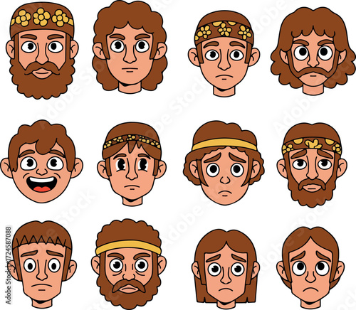 Diverse cartoon faces showcasing a range of emotions and expressions in a grid.