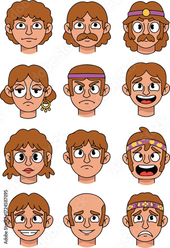 Diverse cartoon faces showcasing various emotions and expressions in a grid.