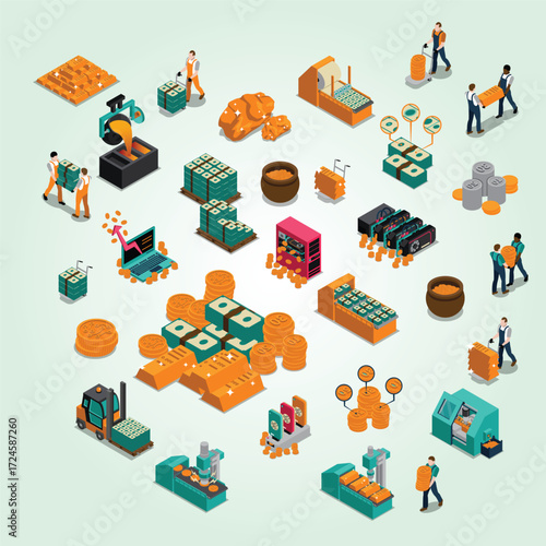Isometric Detailed Illustration of Financial and Industrial Processes for Wealth Generation