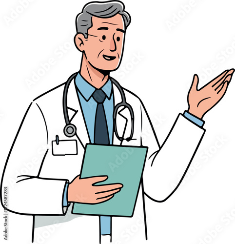 Doctor in white coat holding a clipboard and gesturing with his hand.