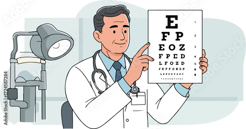 Doctor holding eye chart pointing to letters during vision test.