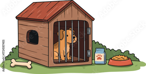 Dog inside a wooden doghouse with food and a bone on the grass.