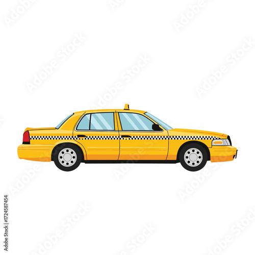 A classic yellow New York City taxi cab, a familiar symbol of urban transportation, depicted in a side profile against a clean white background.