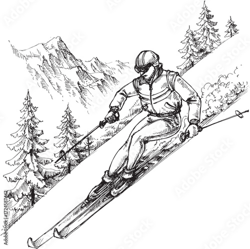 Mountains landscape with ski sketch vector 1