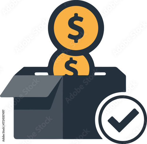 Donation box with coins and a check mark symbol representing successful giving.