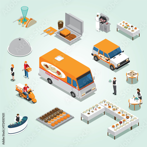 Isometric Detailed Food Delivery Service and Catering Business Elements Illustration