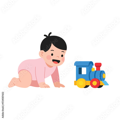 A cheerful baby in a pink onesie is happily crawling towards a bright blue toy train on a white background, showcasing early childhood exploration and play.