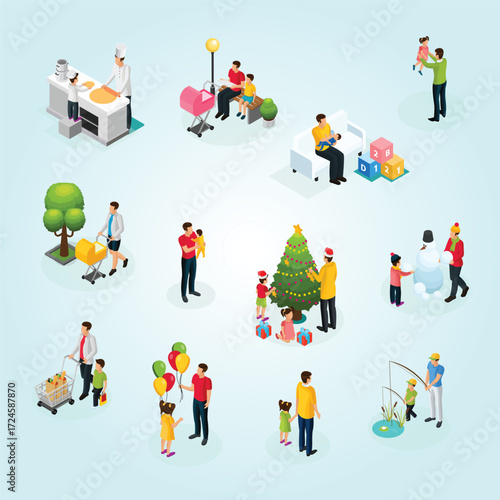Isometric Family Life Illustration with Various Activity Scene Characters