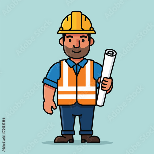 A cartoon illustration of a construction worker wearing a hard hat and safety vest, holding rolled-up blueprints.