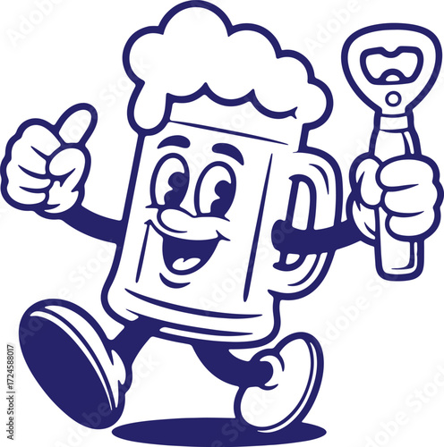 Cheerful Beer Mug Character Ready to Party with Thumbs Up and Bottle Opener in Hand Enjoying the Festivities