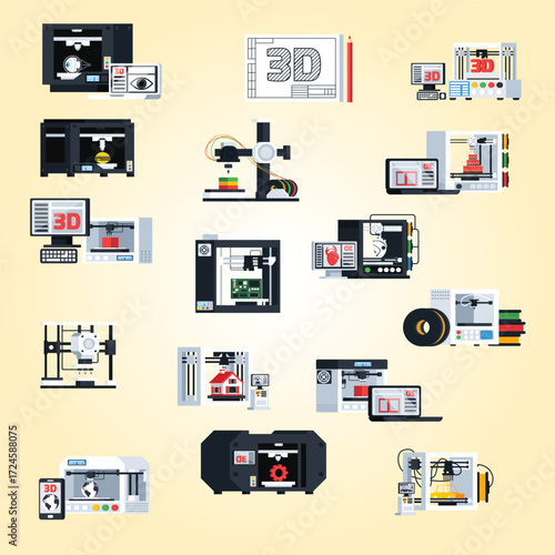 Flat Various Perspective 3D Printer Machine Innovation Technology Industry Concept