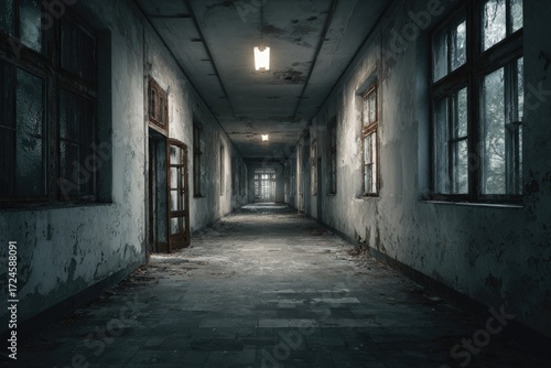 Wallpaper Mural A long, empty corridor in a decaying building.  Dim, eerie light Torontodigital.ca