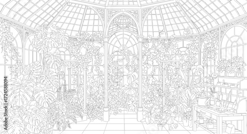 Vector illustration of intricate greenhouse coloring page featuring a variety of plants and architectural details, perfect for relaxation and creative expression