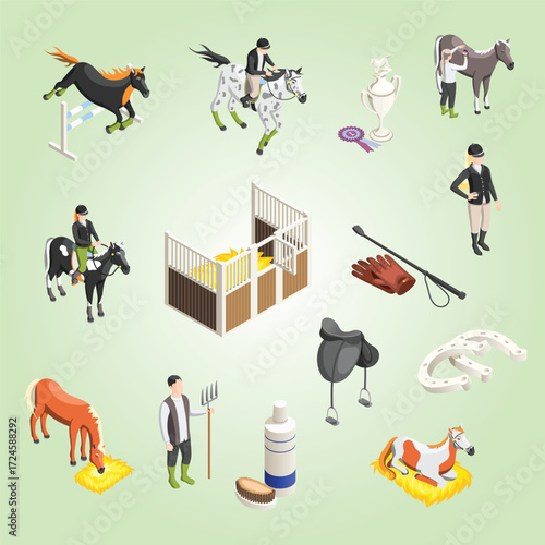 Isometric Detailed Equestrian Scene with Horse and Rider Equipment Illustration