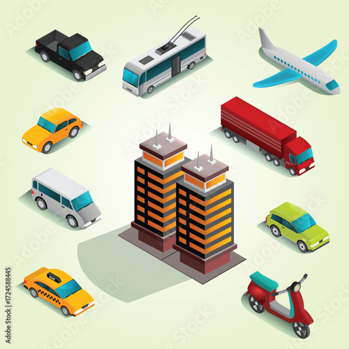 Isometric Style Detailed City Transportation and Building Illustration on Light Background