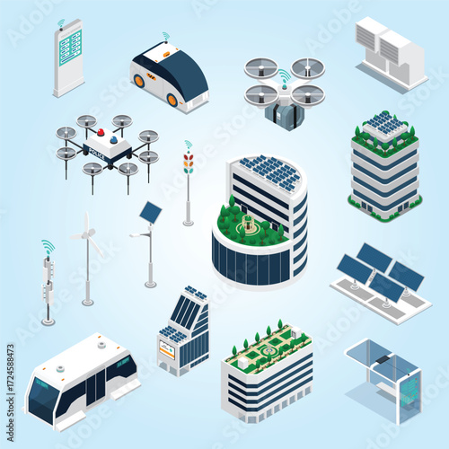 Isometric Style Detailed Smart City Environment with Green Technologies Concept