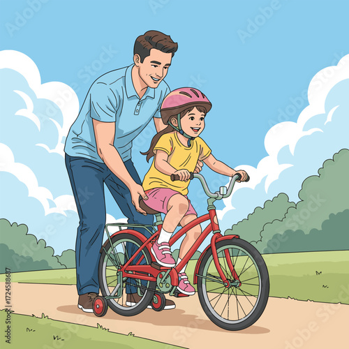 A father gently supports his young daughter as she learns to ride her bicycle with training wheels on a sunny day in a park.