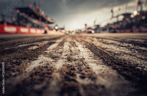 Muddy racetrack leading to blurry city
