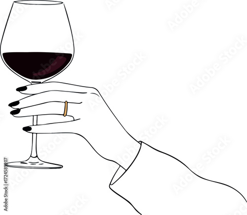Elegant hand holding wine glass with engagement ring celebrating special occasion.