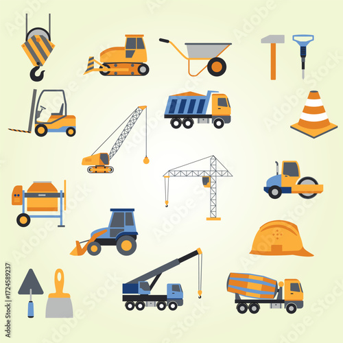 Flat Construction and Building Site Vehicles and Tools Element Illustration