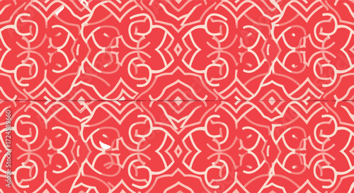 Elegant red and white pattern with intricate swirling designs and symmetrical shapes.