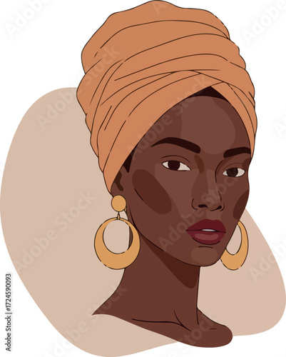 Elegant woman with a turban and golden earrings looking directly at the viewer.