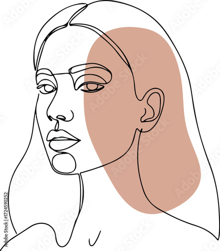 Elegant womans face in minimalist line art with a blush of color.