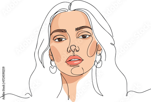 Elegant woman portrait in line art style with subtle color accents.
