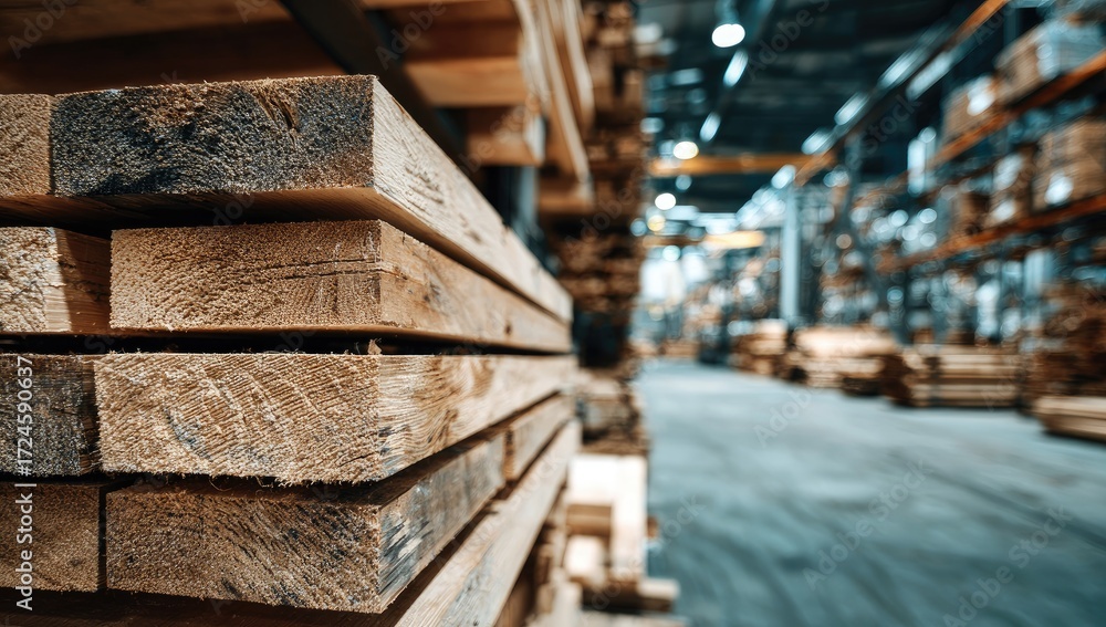 Obraz premium Wooden planks stacked in a warehouse